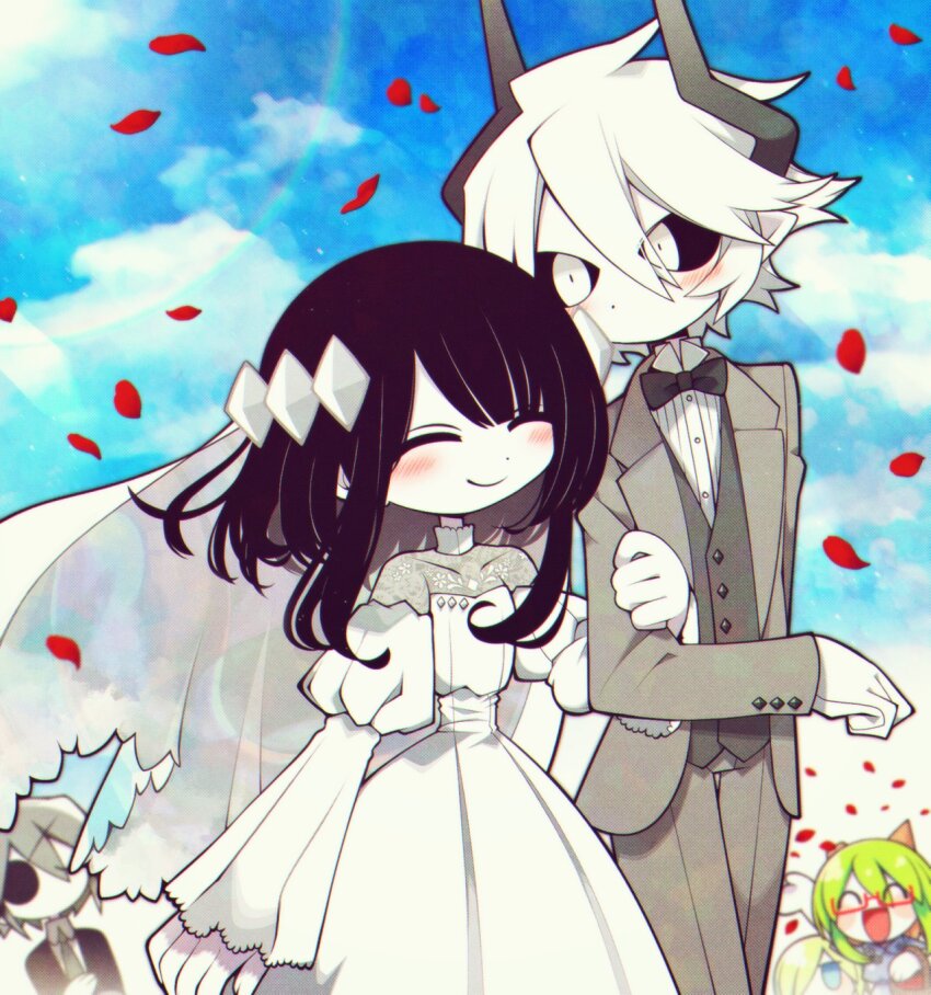 2boys 3girls black_hair black_sclera black_suit blonde_hair blue_eyes blush bow bowtie chibi closed_eyes colored_sclera colored_skin couple dress etihw_(funamusea) eyepatch falling_petals formal_clothes froze_(funamusea) funamusea funamusea_(artist) glasses green_hair grey_hair grey_suit haiiro_teien highres kcalb_(funamusea) looking_at_another multiple_boys multiple_girls necktie official_art people petals pointy_ears red-framed_eyewear red_petals suit wedding wedding_dress white_dress white_eyes white_hair white_skin wodahs_(funamusea) yosafire_(funamusea)