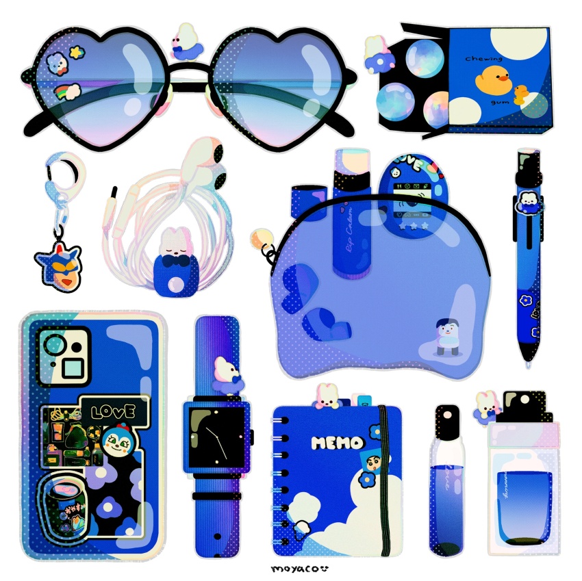 artist_name blue_theme bottle cellphone cellphone_charm charm_(object) commentary crayon_shin-chan creature earbuds earphones english_commentary english_text food_packaging headphones highres moyaco no_humans nohara_shinnosuke notebook original ornate_phone_case pen perfume_(cosmetics) perfume_bottle phone pouch rubber_duck signature simple_background smartphone solid_circle_eyes solid_eyes sonic_(series) sonic_the_hedgehog sticker sunglasses tamagotchi_(virtual_pet) watch white_background wristwatch