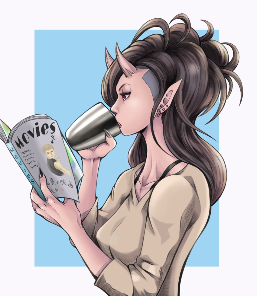 1girl black_nails book bra_strap breasts brown_hair coffee_mug commentary_request cup drinking ear_piercing earrings female_focus fingernails from_side highres horns jewelry long_hair long_sleeves medium_breasts mug nail_polish oni oni_horns oni_nee-san_(to-ru) open_book original piercing reading red_eyes sharp_fingernails solo to-ru undercut