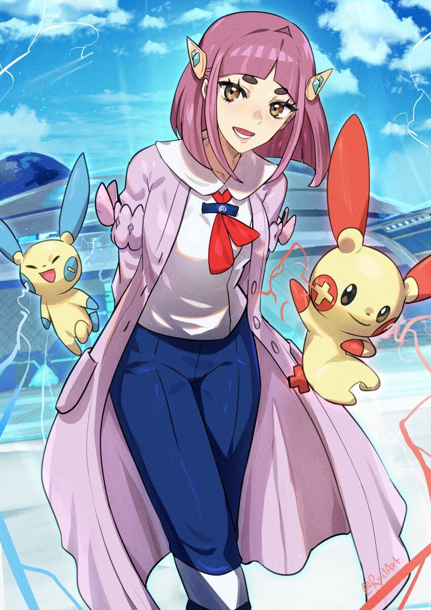 1girl arms_behind_back blue_pants blue_sky blueberry_academy_school_uniform brown_hair butterfly_wings cardigan cloud denim electricity gem_hair_ornament gen_3_pokemon hair_ornament highres insect_wings jeans lacey_(pokemon) looking_at_viewer minun nintendo open_mouth pants pink_cardigan pink_hair plusle pokemon pokemon_(creature) pokemon_sv red_scarf ryairyai sailor_collar scarf school_uniform short_hair sky smile sparkle structure white_uniform wings
