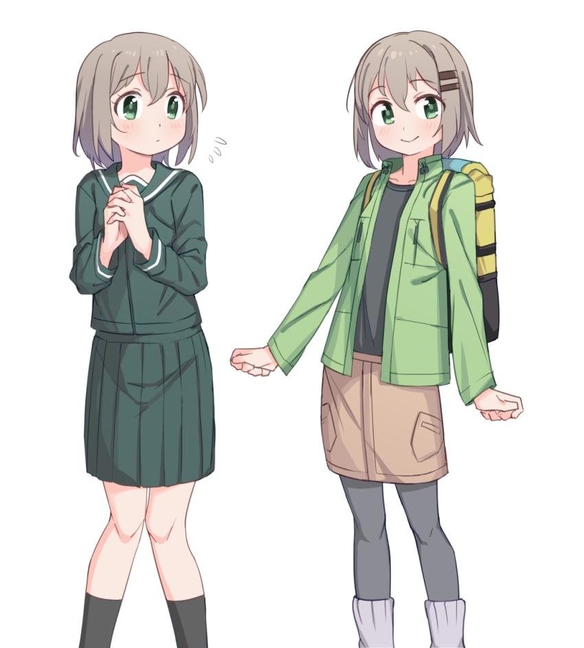 1girl backpack bag black_shirt black_socks brown_skirt feet_out_of_frame flying_sweatdrops green_eyes green_jacket green_serafuku green_skirt grey_hair hair_between_eyes hair_ornament hairclip highres jacket light_blush long_sleeves looking_at_viewer multiple_views open_clothes open_jacket own_hands_clasped own_hands_together pantyhose pleated_skirt saiste school_uniform serafuku shirt short_hair simple_background skirt smile socks white_background yama_no_susume yukimura_aoi