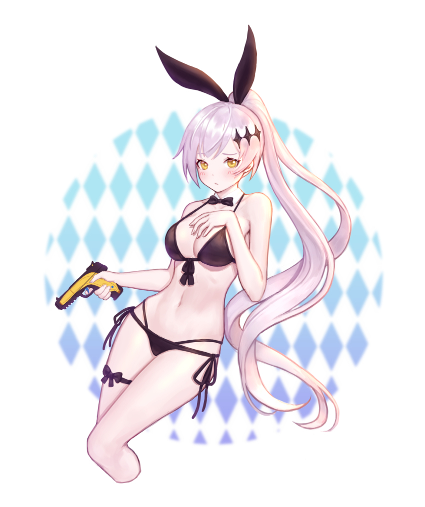 1girl argyle_background argyle_clothes bare_arms bare_shoulders bikini black_bikini black_ribbon bow bowtie breasts cleavage collarbone commentary cropped_legs detached_collar finger_on_trigger five-seven_(cruise_queen)_(girls&#039;_frontline) five-seven_(girls&#039;_frontline) fn_five-seven front-tie_bikini_top front-tie_top girls&#039;_frontline gun hair_ornament hair_ribbon halterneck hand_on_own_chest handgun highres holding holding_gun holding_weapon large_breasts leg_ribbon long_hair looking_at_viewer multi-strapped_bikini navel official_alternate_costume pdw-caliber_pistol ponytail ribbon side-tie_bikini_bottom silver_hair siun solo stomach string_bikini swimsuit thighs very_long_hair weapon yellow_eyes