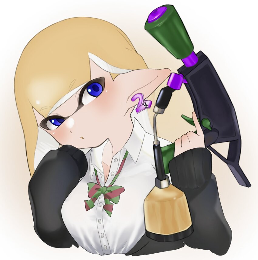 1girl blonde_hair blue_eyes blunt_bangs bow breasts cardigan earrings highres holding holding_weapon inkling inkling_girl inkling_player_character jewelry long_hair looking_at_viewer nintendo pointy_ears school_uniform simple_background sino_(o_x_x_o) solo splat_dualies_(splatoon) splatoon_(series) splatoon_2 weapon
