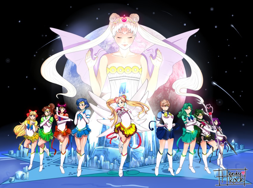 1990s_(style) 6+girls aino_minako artist_name bad_id bad_pixiv_id bare_shoulders bishoujo_senshi_sailor_moon bishoujo_senshi_sailor_moon_sailor_stars blue_sailor_collar blue_skirt boots bow brooch crescent crescent_facial_mark crystal dress dual_persona eternal_sailor_moon facial_mark full_body full_moon garnet_rod green_skirt half_updo hentyrock hino_rei jewelry kaiou_michiru kino_makoto knee_boots layered_skirt meiou_setsuna mizuno_ami moon multiple_girls neo_queen_serenity orange_skirt outstretched_hand princess_serenity red_bow red_skirt retro_artstyle sailor_collar sailor_jupiter sailor_mars sailor_mercury sailor_moon sailor_neptune sailor_pluto sailor_saturn sailor_senshi sailor_uranus sailor_venus silence_glaive skirt sky staff standing standing_on_one_leg star_(sky) star_brooch starry_sky strapless strapless_dress super_sailor_jupiter_(stars) super_sailor_mars_(stars) super_sailor_mercury_(stars) super_sailor_neptune_(stars) super_sailor_pluto_(stars) super_sailor_saturn_(stars) super_sailor_uranus_(stars) super_sailor_venus_(stars) ten&#039;ou_haruka tiara tomoe_hotaru tsukino_usagi twintails white_footwear wing_brooch wings yellow_bow