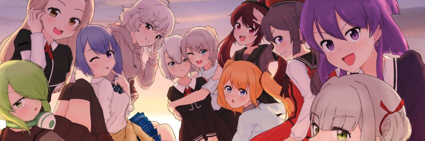 6+girls :d ;p adjusting_hair ahoge aika_himena amane_tsukasa asymmetrical_bangs azumi_hagumu black_dress black_jacket black_ribbon black_sailor_collar black_thighhighs blonde_hair blue_bow blue_bowtie blue_eyes blue_hair blue_jacket blue_skirt blue_sweater blunt_ends blush bow bowtie brown_bow brown_bowtie brown_eyes brown_hair closed_mouth clothes_around_waist clothing_cutout collared_dress cowlick cropped_jacket cross_tie daito_academy_school_uniform double_bun drawstring dress earrings freckles green_eyes green_hair grey_hair grey_hoodie grey_shirt grin hair_bun hair_over_one_eye hair_ribbon half_updo hat headphones headphones_around_neck highres hikarizuka_school_uniform hood hood_down hoodie izumi_kanagi jacket janomiya_school_uniform jewelry kagura_san kamihama_future_academy_school_uniform kasane_ao kosho_academy_school_uniform layered_sleeves long_bangs long_sleeves looking_at_viewer magia_record:_mahou_shoujo_madoka_magica_gaiden mahou_shoujo_madoka_magica medium_hair messy_hair miniskirt miwa_mitsune miyabi_shigure multiple_girls necktie one_eye_closed one_eye_covered open_mouth orange_hair plaid_clothes plaid_skirt pleated_skirt ponytail print_hoodie purple_eyes purple_hair purple_jacket red_eyes red_headwear red_necktie red_skirt red_vest ribbed_sweater ribbon sailor_collar salute school_uniform serafuku shirt short_hair short_over_long_sleeves short_sleeves shoulder_cutout sidelocks sitting skirt skirt_set sleeves_rolled_up smile split_ponytail striped_bow striped_bowtie striped_clothes sunset suspenders sweater swept_bangs tenfuru thighhighs tokime_shizuka tongue tongue_out track_jacket twintails v-shaped_eyebrows vest w white_hair white_shirt yakumo_mitama yukari_miyuri