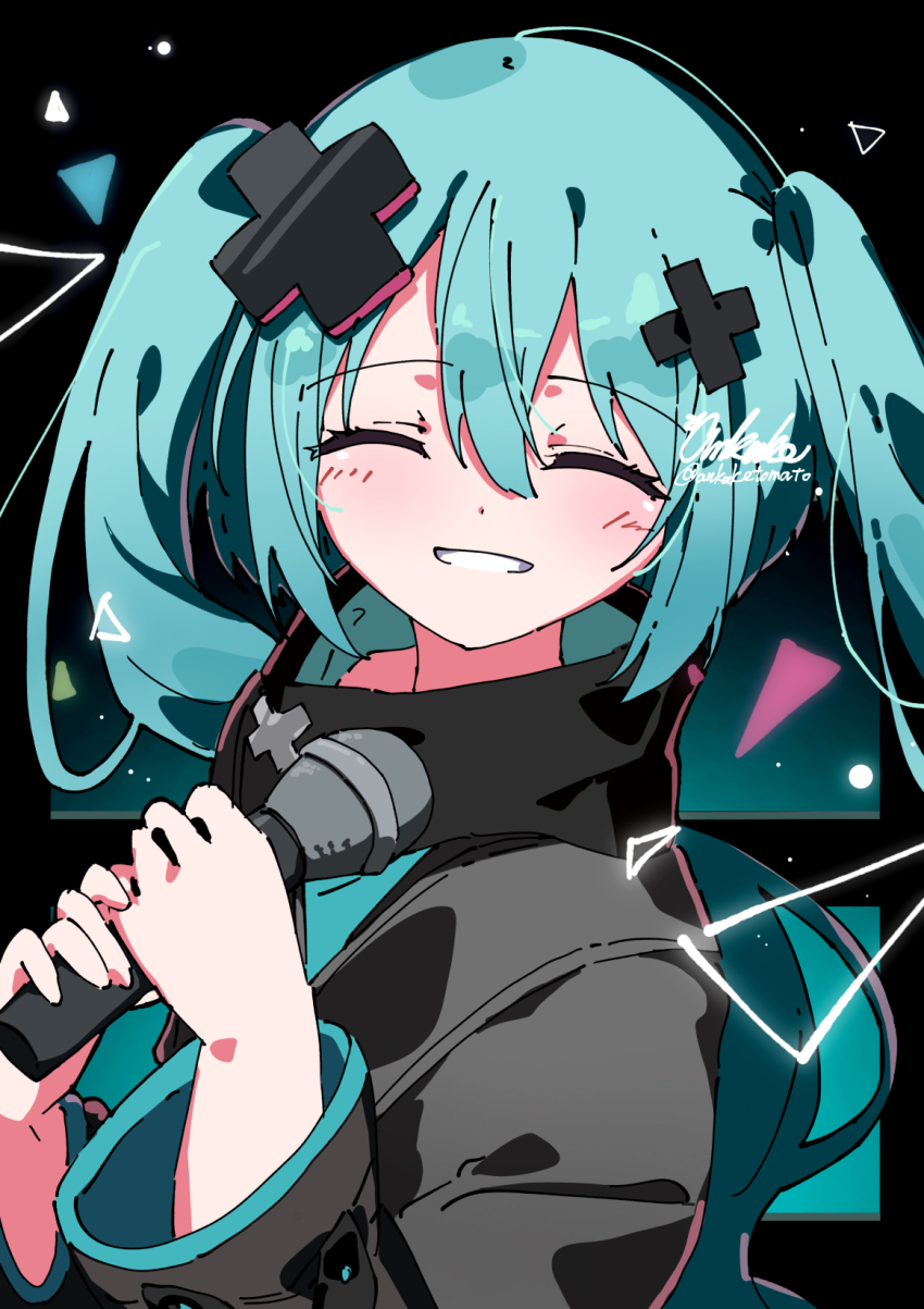 1girl ankaketomato aqua_hair batsu_miku blush grey_jacket hair_between_eyes hair_ornament hatsune_miku highres holding holding_microphone jacket kowareta_sekai_to_utaenai_miku long_hair long_sleeves microphone parted_lips project_sekai smile solo turtleneck turtleneck_jacket twintails upper_body very_long_hair vocaloid wide_sleeves x_hair_ornament
