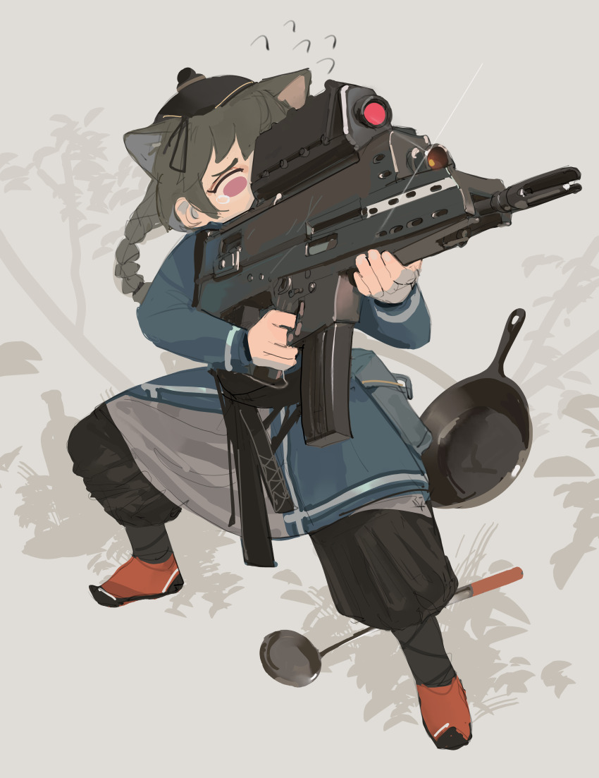 1girl absurdres airburst_grenade_launcher alliant_techsystems animal_ears assault_rifle black_headwear black_pants braid braided_ponytail bullpup carbine cat_ears computerized_scope contraves_brashear_systems frying_pan grenade_launcher grey_hair gun hazard_symbol heckler_&amp;_koch highres huge_weapon l-3_communications_corporation l3_technologies long_gun long_hair military_program modular_weapon_system multi-weapon multiple-barrel_gun night-vision_device objective_individual_combat_weapon_(military_program) objective_infantry_combat_weapon_(military_program) original pants polilla precision-guided_firearm prototype_design purple_eyes rifle scope selectable_assault_battle_rifle_(military_program) semi-automatic_grenade_launcher short-barreled_rifle sight_(weapon) smart_scope solo sweat tearing_up telescopic_sight thermal_weapon_sight transforming_weapon under-barrel_configuration underbarrel_assault_rifle underbarrel_rifle weapon weapon_focus xm104_(smart_scope) xm29_oicw
