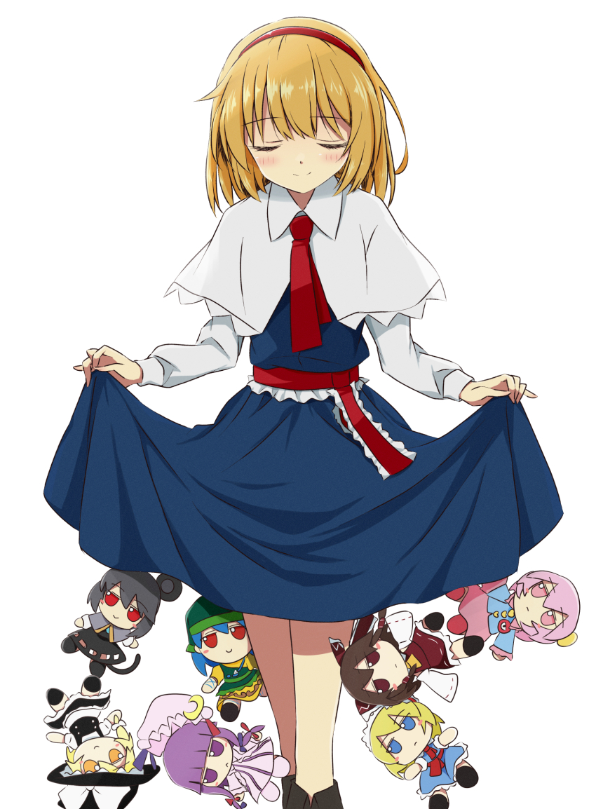1girl alice_margatroid blonde_hair blue_dress blush capelet character_doll closed_eyes closed_mouth commentary_request doll dress facing_viewer frilled_sash fumo_(doll) hairband hakurei_reimu haniyasushin_keiki highres kirisame_marisa komeiji_satori long_sleeves nazrin patchouli_knowledge red_hairband red_sash sash simple_background skirt_hold smile solo split_mouth touhou tsuukinkaisoku_oomiya waist_sash white_background white_capelet