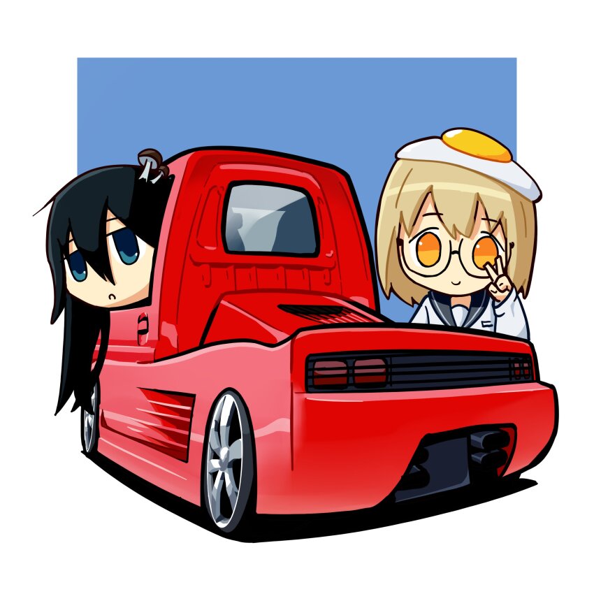 2girls absurdres black_hair black_sailor_collar blonde_hair blue_background blue_eyes border chibi commentary duz egg_hair_ornament english_commentary ferrari food-themed_hair_ornament hair_ornament highres motor_vehicle multiple_girls mushroom_on_head orange_eyes outside_border pickup_truck sailor_collar shimeji_simulation shirt short_hair suzuki_(company) suzuki_carry truck tsukishima_shijima v white_border white_shirt yamashita_majime