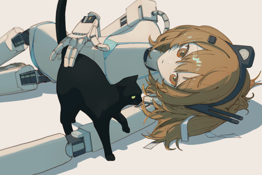 1girl a.i._voice absurdres adachi_rei alternate_costume android bikini black_cat blue_bikini cat closed_mouth commentary_request expressionless feet_out_of_frame flat_chest headlamp highres joints looking_at_animal lying mechabare medium_hair micro_bikini on_side one_side_up orange_eyes orange_hair outstretched_arm petting radio_antenna robot_girl robot_joints shadow simple_background solo swimsuit traffic_(ntraffic1) utau white_background