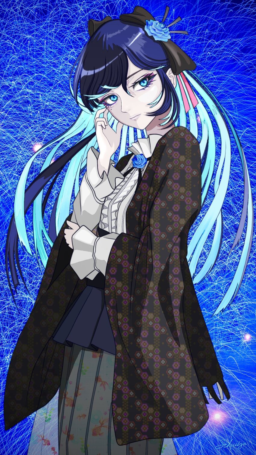 1girl ado_(utaite) black_bow blue_background blue_eyes blue_flower blue_hair blue_rose bow chando_(ado) closed_mouth colored_inner_hair commentary_request flower grey_skirt hair_bow happi highres japanese_clothes kura_sushi long_hair long_sleeves mole mole_under_eye multicolored_hair rose shirt skirt solo tomoyaku white_shirt