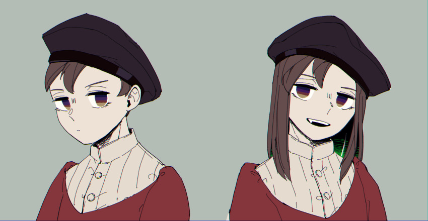 1boy alternate_hairstyle beret black_hat brown_hair buttons closed_mouth collared_shirt colored_inner_hair colored_pencils_(paper_mario) commentary_request dress_shirt expressionless eyelashes fang green_hair grey_background happy hat high_collar highres light_frown long_hair long_sleeves looking_at_viewer male_focus mario_(series) multicolored_eyes multicolored_hair mumumu57hiro nintendo open_mouth paper_mario paper_mario:_the_origami_king personification pointy_nose red_tunic shirt short_hair simple_background smile tunic upper_body variations very_short_hair white_shirt