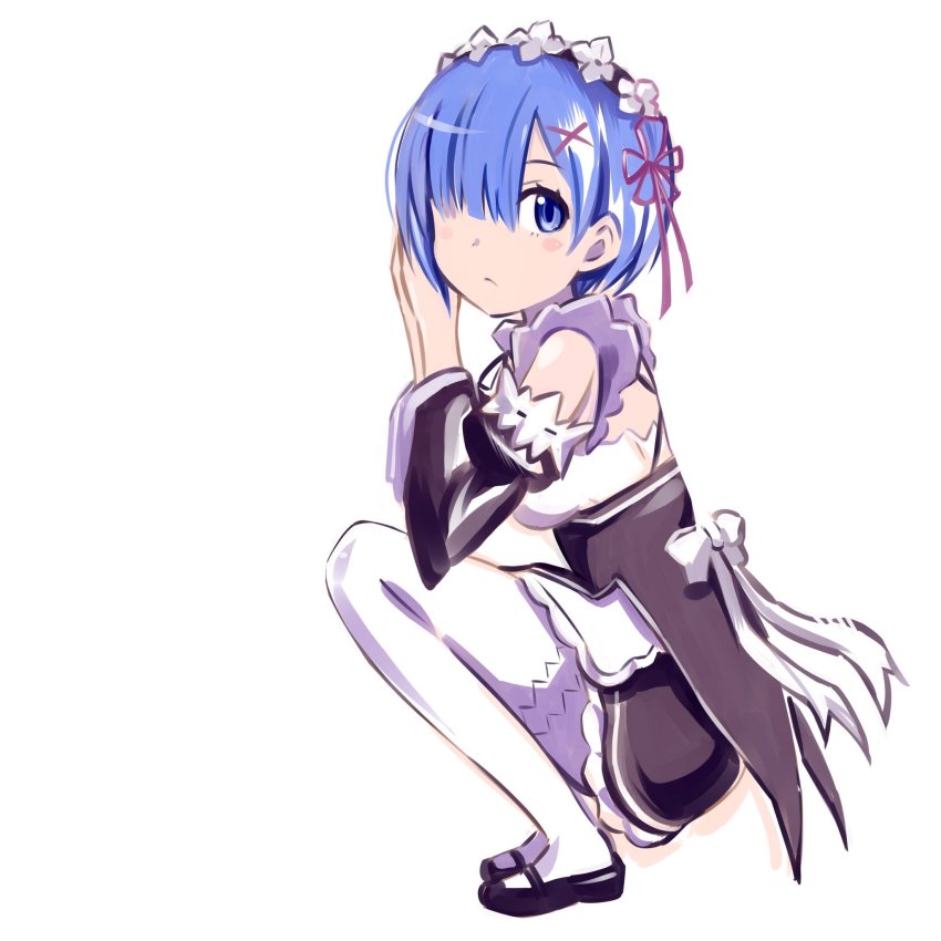 1girl apron blue_eyes blue_hair bow breasts commentary_request detached_sleeves dress female_focus full_body hair_ornament hair_over_one_eye hairclip headdress highres inoue_kousei looking_at_viewer maid maid_apron own_hands_together pantyhose re:zero_kara_hajimeru_isekai_seikatsu rem_(re:zero) shoes short_hair solo squatting white_background