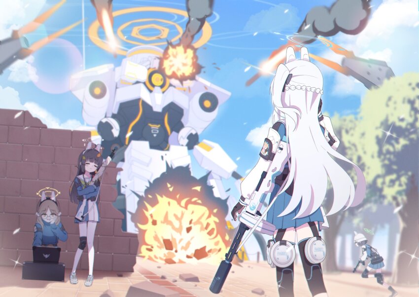 4girls absurdres animal_ears battle black_hair blue_archive blue_halo blue_serafuku blue_shirt blue_skirt blue_sky blunt_bangs blunt_ends bolt_action braid brown_hair closed_eyes commentary_request day explosion fake_animal_ears from_behind glasses gun half_up_braid halo highres hime_cut holding holding_gun holding_weapon kuroi_taimu lahti-saloranta_m/26 light_machine_gun long_hair long_sleeves low_twintails machine_gun mecha miniskirt miyako_(blue_archive) miyu_(blue_archive) moe_(blue_archive) mosin-nagant multiple_girls one_side_up outdoors pleated_skirt rabbit_ears rabbit_platoon_(blue_archive) rifle robot rocket running sailor_collar saki_(blue_archive) school_uniform serafuku shirt short_hair skirt sky standing straight_hair submachine_gun suomi_kp/-31 twintails very_long_hair weapon white_hair white_sailor_collar yellow_halo