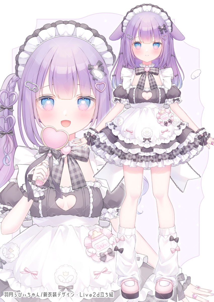 1girl :d animal_ears apron baby_bottle back_bow black_bow black_dress blue_eyes blush bottle bow bowtie breasts brooch cleavage cleavage_cutout closed_mouth clothing_cutout collar commentary_request detached_sleeves detached_wings dress fang fingernails frilled_apron frilled_collar frilled_dress frilled_wrist_cuffs frills full_body grey_bow grey_bowtie hair_bow hair_ornament hand_up heart heart_brooch heart_cutout heart_hair_ornament heart_ring heart_wand highres holding holding_wand jewelry leg_warmers long_hair looking_at_viewer maid maid_headdress mary_janes multicolored_nails multiple_views nail_polish official_art omochi_monaka open_mouth pink_bow pink_nails pink_shoes plaid_bow plaid_bowtie plaid_clothes platform_shoes propro_production puffy_short_sleeves puffy_sleeves purple_background purple_hair purple_nails ring shoes short_dress short_sleeves sidelocks sleeve_bow small_breasts smile square_neckline standing straight-on twintails uzuki_rabby virtual_youtuber waist_apron wand white_apron white_background white_collar white_leg_warmers wing_hair_ornament wings wrist_cuffs