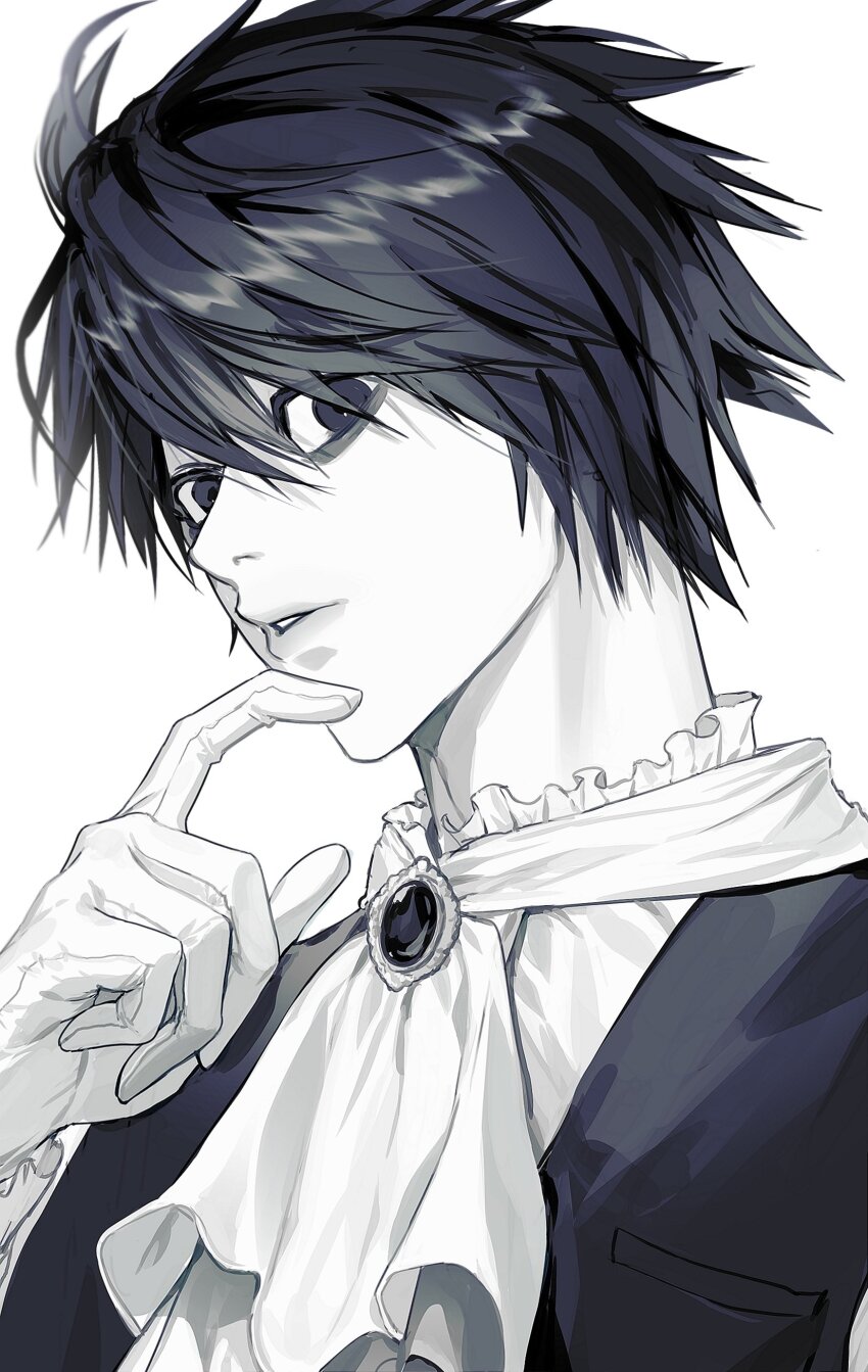 1boy absurdres alternate_costume bags_under_eyes black_eyes black_hair death_note eoseo88 finger_to_own_chin gloves hair_between_eyes highres l_(death_note) lips looking_at_viewer maid male_focus pale_skin short_hair simple_background solo victorian_maid white_background white_gloves