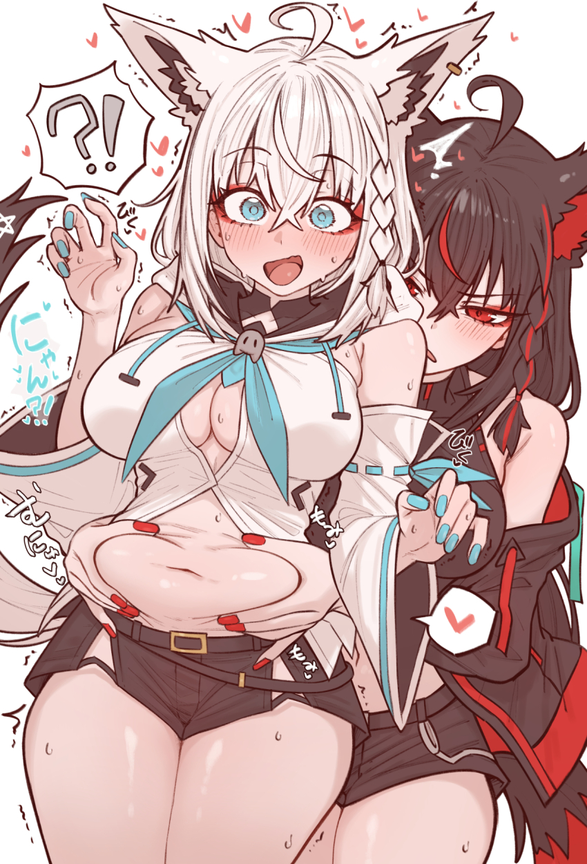 !? 2girls animal_ears belly black_hair black_shorts blue_eyes blue_nails breasts detached_sleeves fingernails fox_ears fox_girl grabbing_another&#039;s_stomach hair_between_eyes hair_bun highres hololive kurokami_fubuki large_breasts medium_breasts multicolored_hair multiple_girls nail_polish navel plump red_hair shirakami_fubuki shiroi_yoru shorts single_hair_bun surprised thick_thighs thighs two-tone_hair virtual_youtuber white_hair yuri