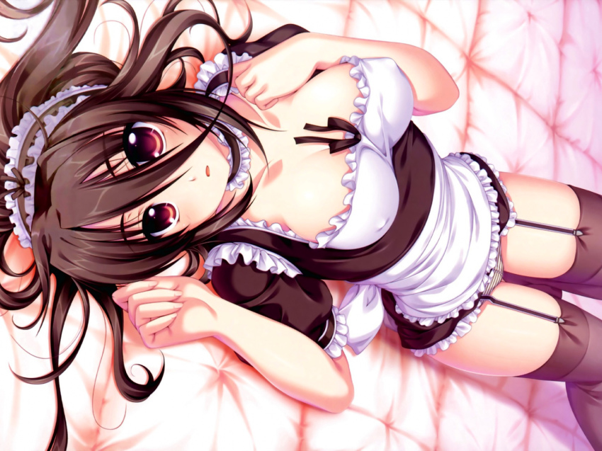 1girl alpha_(yukai_na_nakamatachi) bed black_background black_hair black_thighhighs breasts brown_hair female_focus g-senjou_no_maou garter_belt headdress highres large_breasts lingerie long_hair lying maid on_back open_mouth panties red_eyes solo striped_clothes striped_panties thighhighs underwear usami_haru yellow_eyes