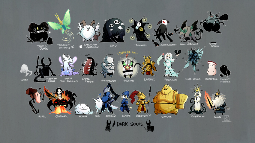 3girls 6+boys alvina_of_the_darkroot_wood armor artorias_the_abysswalker asylum_demon beard belfry_gargoyle capra_demon cat chaos_witch_quelaag chibi crown dark_souls_(series) dark_souls_i dark_sun_gwyndolin dragon dragon_slayer_ornstein dual_wielding english_text everyone executioner_smough facial_hair flaming_sword flaming_weapon gaping_dragon ghost gravelord_nito great_grey_wolf_sif gwyn_lord_of_cinder halberd hammer highres holding horns inkinesss knight_lautrec_of_carim lord&#039;s_blade_ciaran mimic mimic_(dark_souls) mimic_chest moonlight_butterfly_(dark_souls) multiple_boys multiple_girls multiple_heads mushroom_parent pinwheel_(dark_souls) polearm praise_the_sun priscilla_the_crossbreed prowling_demon sanctuary_guardian seath_the_scaleless sickle siegmeyer_of_catarina solaire_of_astora spear sword taurus_demon the_four_kings tongue weapon wings
