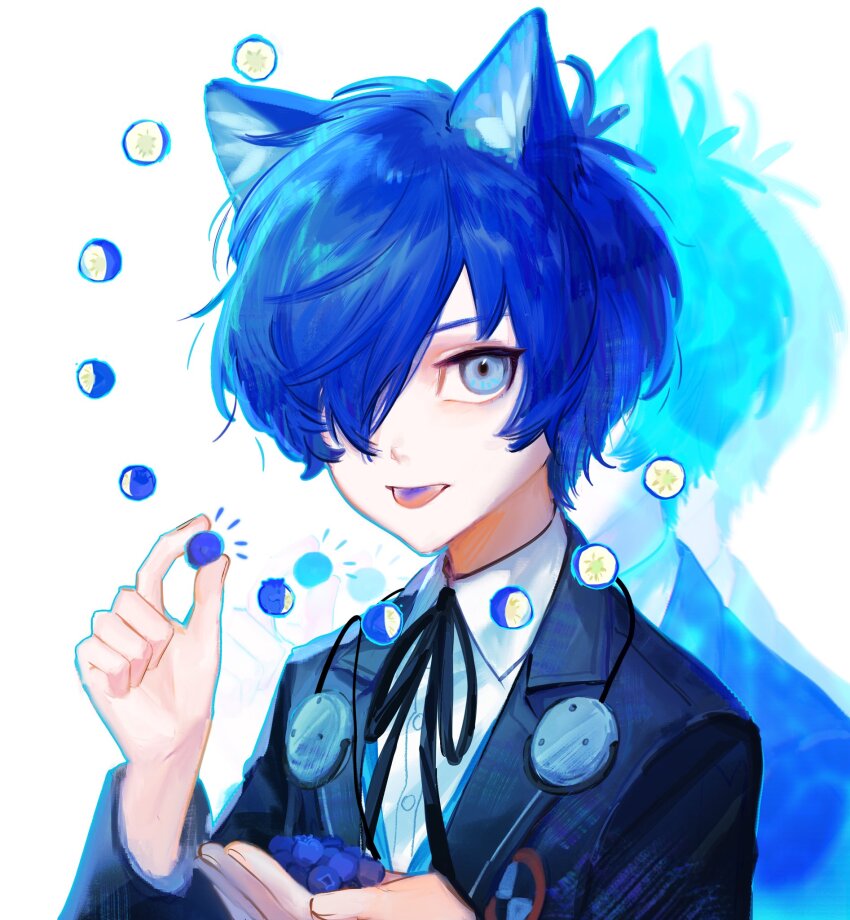 1boy animal_ears black_jacket black_ribbon blue_eyes blue_hair cat_ears collared_shirt commentary earphones_removed food fruit gekkoukan_high_school_uniform grapes hair_over_one_eye highres jacket looking_at_viewer male_focus moon_phases neck_ribbon persona persona_3 ribbon rrrrrrrrrrrou1 school_uniform shirt solo symbol-only_commentary tongue tongue_out upper_body white_background white_shirt yuuki_makoto_(persona_3)