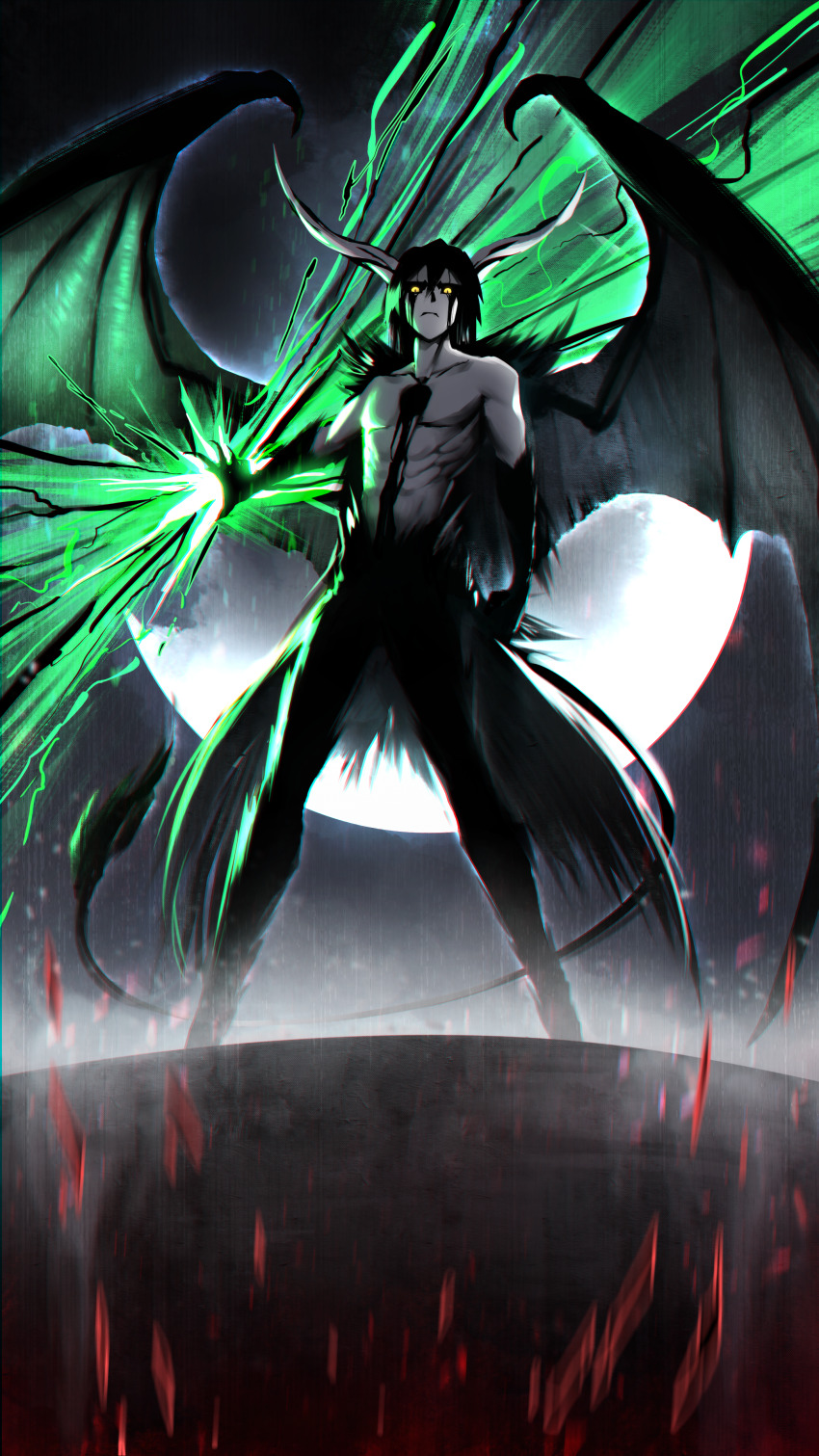 1boy absurdres arrancar aura black_fur black_hair black_sclera bleach collarbone colored_sclera colored_skin demon_boy demon_horns demon_wings energy_weapon fur-tipped_tail hair_between_eyes highres hole_in_chest hole_on_body horns looking_at_viewer looking_down male_focus moon resurreccion slit_pupils solo standing topless_male ulquiorra_cifer white_skin wings yellow_eyes zaekyn