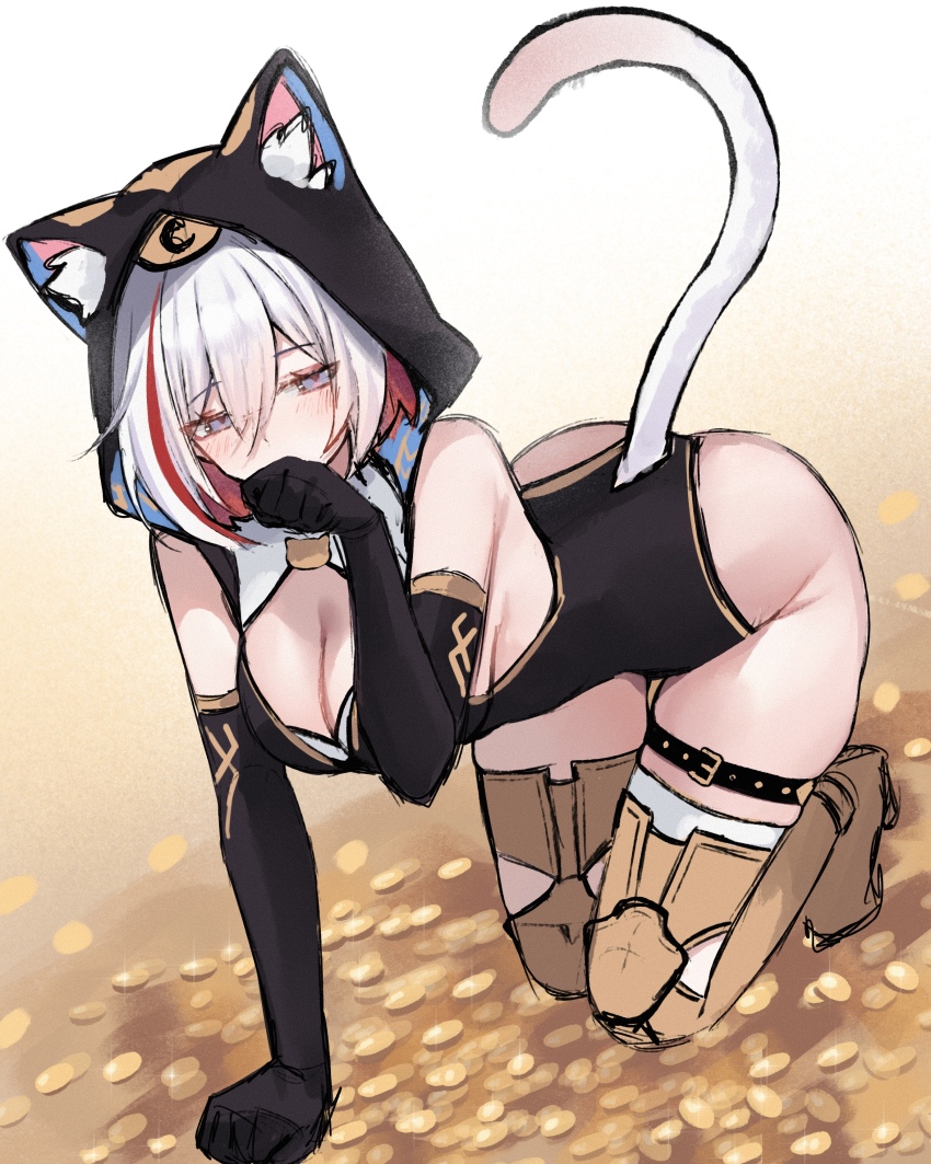 1girl absurdres all_fours animal_ear_fluff animal_ears animal_hood armored_boots ass black_gloves black_leotard blue_eyes boots breasts cat_ears cat_hood cat_tail cipher_(honkai:_star_rail) cipher_(honkai:_star_rail)_(cosplay) cleavage coin cosplay elbow_gloves gloves gold_boots gold_coin highres honkai:_star_rail honkai_(series) hood hooded_leotard large_breasts leotard miclipse multicolored_hair paw_pose red_hair short_hair solo tail thighs topaz_(honkai:_star_rail) treasure two-tone_hair white_hair