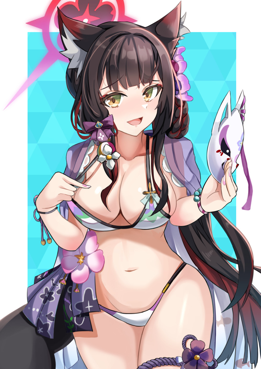 1girl :d absurdres animal_ear_fluff animal_ears bikini bikini_top_pull black_hair blue_archive blunt_bangs blunt_ends blush bow breasts cleavage collarbone colored_inner_hair commentary cowboy_shot eyeshadow flower fox_ears fox_girl fox_mask furrowed_brow hair_bow hair_flower hair_ornament halo hands_up highres holding holding_mask large_breasts long_hair looking_at_viewer makeup mask multicolored_hair nail_polish nanoty navel official_alternate_costume open_mouth pink_flower pink_nails pulling_own_clothes purple_bow purple_flower red_eyeshadow red_hair red_halo sidelocks smile solo stomach straight_hair swimsuit two-tone_hair very_long_hair wakamo_(blue_archive) white_bikini yellow_eyes