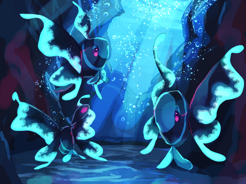 air_bubble black_skin blue_skin bubble colored_skin fish fusenryo gen_4_pokemon light lumineon multicolored_skin nintendo no_humans pokemon pokemon_(creature) purple_eyes two-tone_skin underwater