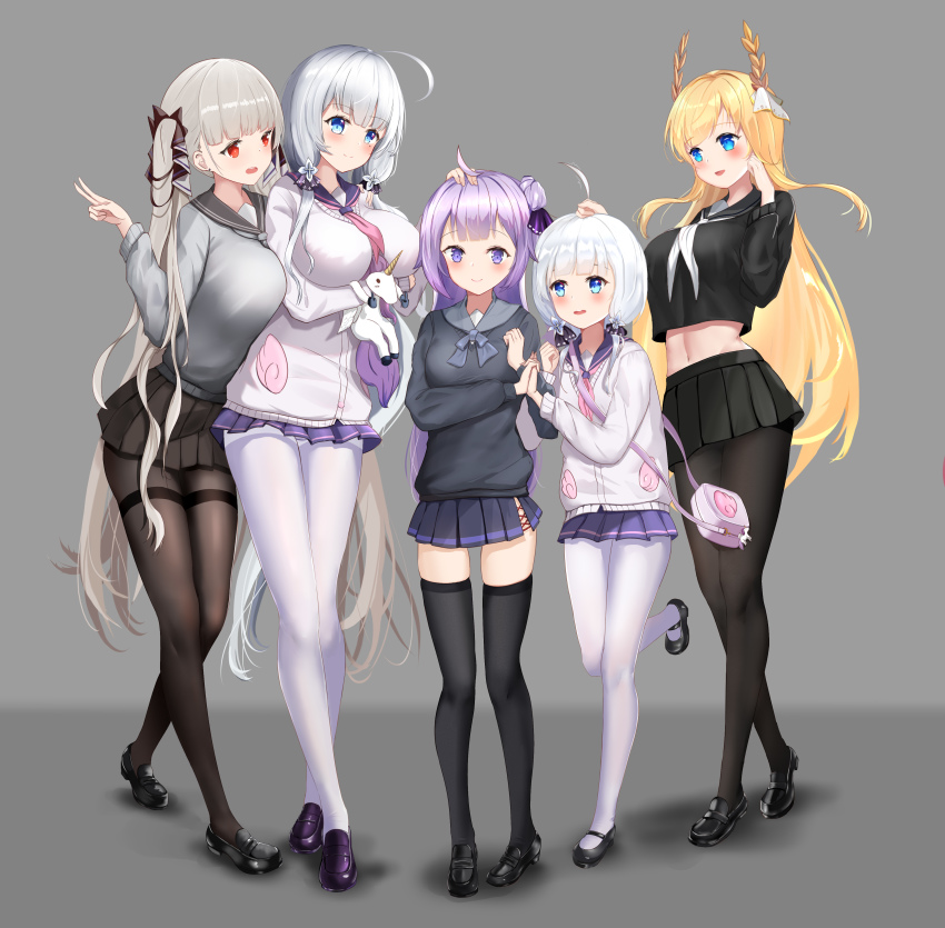 5girls absurdres atago_(azur_lane) atago_(azur_lane)_(cosplay) atago_(school_traumerei)_(azur_lane) azur_lane black_footwear black_legwear black_sailor_collar black_serafuku black_shirt black_skirt black_sweater blonde_hair blue_eyes bow breasts brown_skirt cardigan cosplay crop_top crop_top_overhang formidable_(azur_lane) grey_background grey_sweater hair_bow hand_in_own_hair hand_on_another&#039;s_head highres illustrious_(azur_lane) large_breasts laurel_crown leg_up light_brown_hair little_illustrious_(azur_lane) long_hair looking_at_viewer low_twintails medium_breasts microskirt midriff miniskirt mole mole_under_eye multiple_girls niballlll pantyhose pink_neckwear pleated_skirt purple_footwear purple_hair purple_sailor_collar purple_skirt red_eyes sailor_collar school_uniform serafuku shirt shoes simple_background skirt stuffed_winged_unicorn sweater takao_(azur_lane) takao_(azur_lane)_(cosplay) takao_(school_romanza)_(azur_lane) thighband_pantyhose thighhighs twintails unicorn_(azur_lane) unicorn_(azur_lane)_(cosplay) unicorn_(long-awaited_date)_(azur_lane) very_long_hair victorious_(azur_lane) white_cardigan white_hair white_legwear white_neckwear zettai_ryouiki