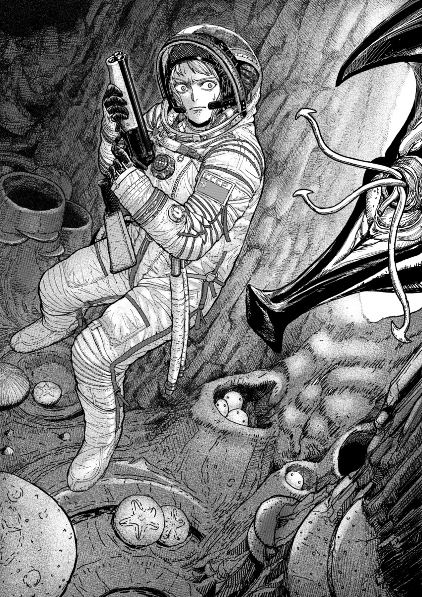 1girl alien astronaut closed_mouth combination_gun combination_weapon commentary astronaut drilling_(combination_gun) english_commentary finger_on_trigger greyscale gun handgun helmet highres holding holding_gun holding_weapon machete making-of_available monochrome monster multiple-barrel_gun original pistol rifle sawed-off_shotgun shotgun smoothbore space_helmet standing survival_rifle tp-82 tp-82_cosmonaut_survival_pistol weapon wide-eyed y_naf