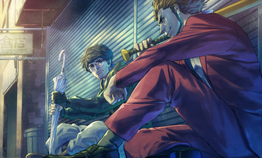 2boys baseball_bat black_footwear black_hair brown_hair fingerless_gloves glasses gloves grey_legwear kasuga_ichiban multiple_boys nanba_yu red_suit rope ryuu_ga_gotoku_(series) ryuu_ga_gotoku_7 sega sign sitting smile suit talgi trash_can umbrella