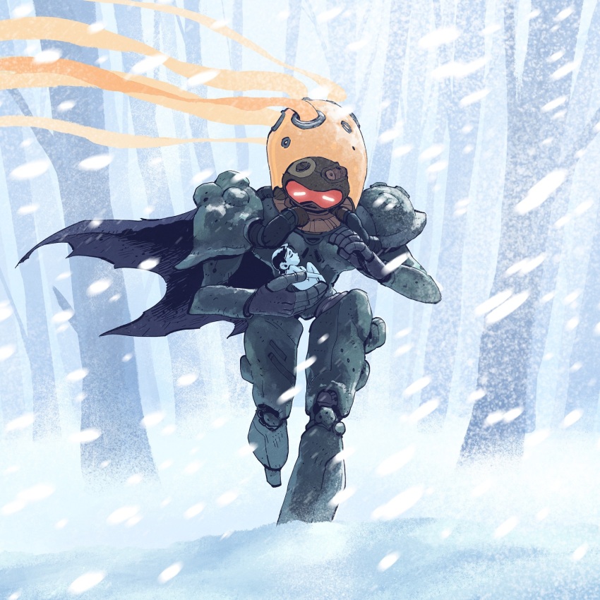 1boy 1other armor blizzard cape colored_skin curled_up fantasy fetal_position glowing glowing_eyes helmet highres holding migamigami nature original outdoors shoulder_armor snow snowing space_helmet tree walking