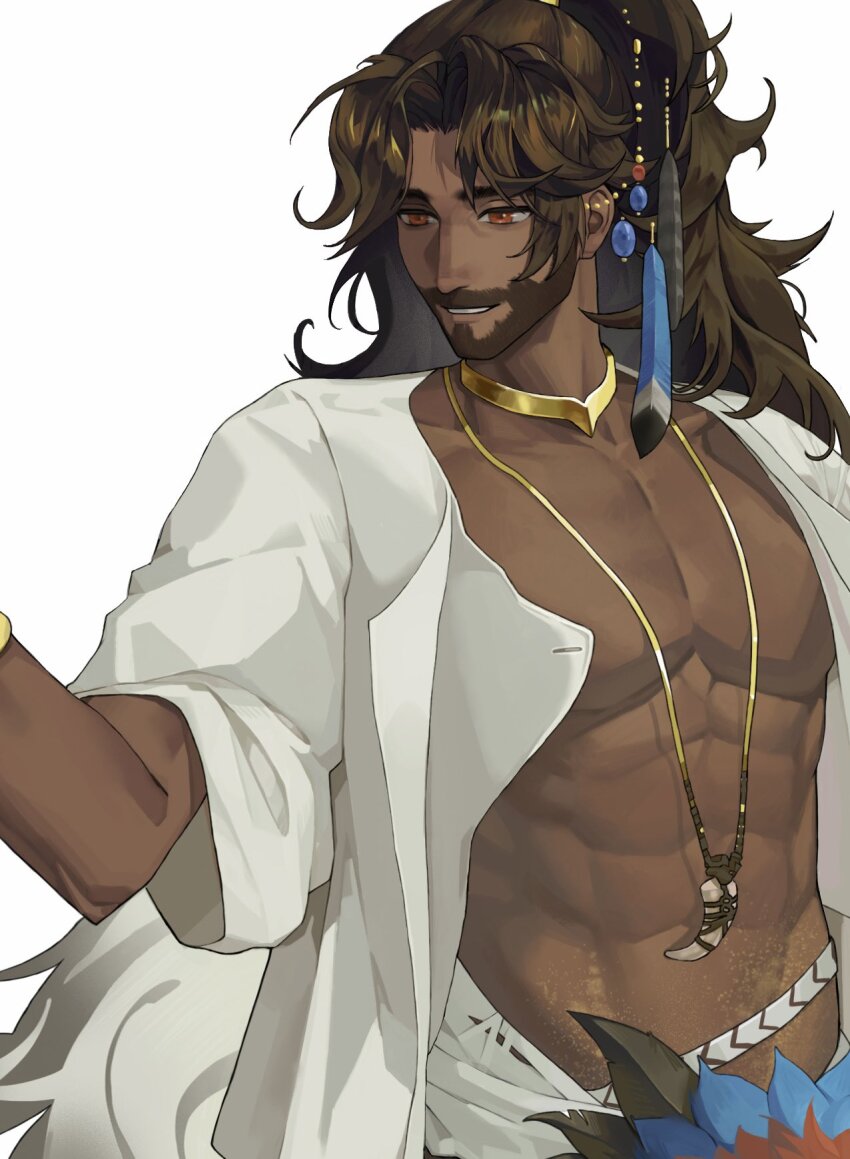 1boy abs beard black_hair cropped dark-skinned_male dark_skin facial_hair feather_hair_ornament feathers gold_choker grin hair_ornament high_ponytail highres jewelry long_hair looking_to_the_side male_focus mature_male necklace official_alternate_costume open_clothes open_shirt pectorals ponytail red_eyes reverse:1999 sept_(septyuyi) shamane shirt short_sleeves smile solo toned toned_male tooth_necklace upper_body white_background white_shirt
