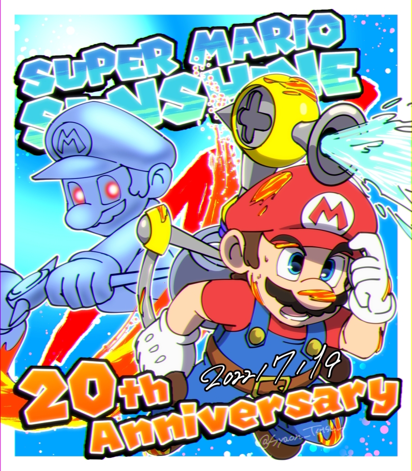 2boys anniversary blue_eyes brown_hair clone f.l.u.d.d. facial_hair gloves hat highres mario mario_(series) multiple_boys mustache nintendo open_mouth paint paintbrush red_eyes shadow_mario super_mario_sunshine water
