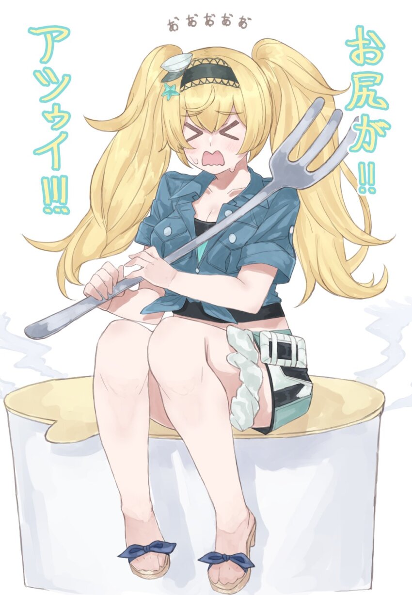 &gt;_&lt; 1girl az_toride black_hairband blonde_hair blue_shirt breast_pocket closed_eyes collared_shirt commentary_request crying fork full_body gambier_bay_(kancolle) gambier_bay_(summer)_(kancolle) hairband highres kantai_collection long_hair multicolored_shorts official_alternate_costume oversized_object pocket sandals shirt short_sleeves shorts sitting solo tied_shirt twintails wavy_mouth