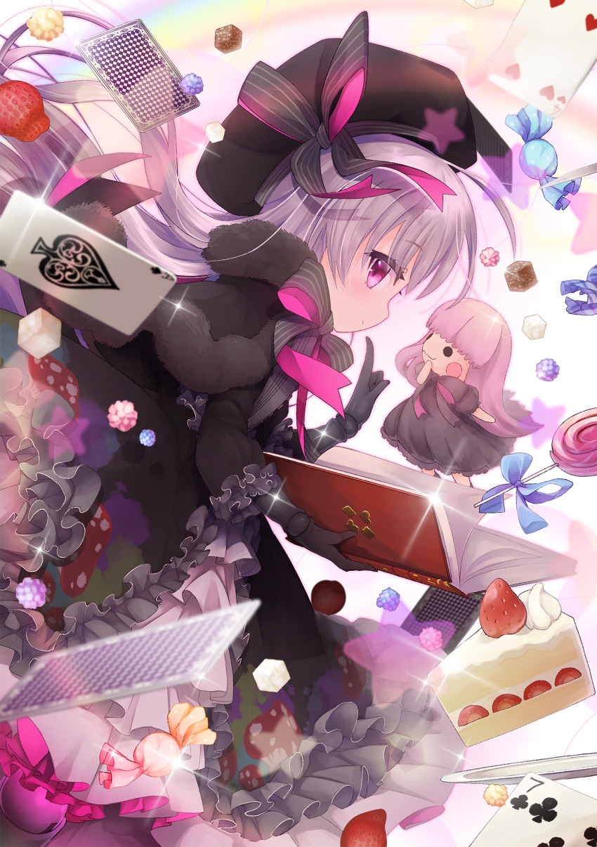 ace_(playing_card) ace_of_spades black_dress black_gloves black_headwear blush book cake cake_slice candy card doll dress eyelashes fate/extra fate_(series) food four_of_hearts fruit gloves highres icing lollipop mushroom n:go nursery_rhyme_(fate) nursery_rhyme_(third_ascension)_(fate) open_book playing_card purple_eyes seven_of_clubs spade_(shape) strawberry strawberry_shortcake sugar_cube