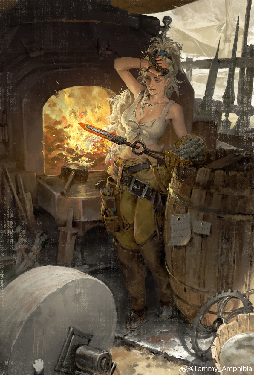 1girl absurdres arm_up belt_buckle blacksmith blacksmith_tongs blonde_hair braid breasts bucket buckle chinese_commentary cleavage commentary_request cropped_shirt fire forge furnace gears gemma_(monster_hunter_wilds) goggles hammer highres holding holding_goggles holding_tongs jewelry large_breasts long_hair monster_hunter_(series) monster_hunter_wilds necklace pants parted_bangs shirt sleeveless sleeveless_shirt smithing solo sweat tommy_amphibia tongs very_long_hair watermark weibo_watermark white_shirt wiping_sweat wooden_bucket