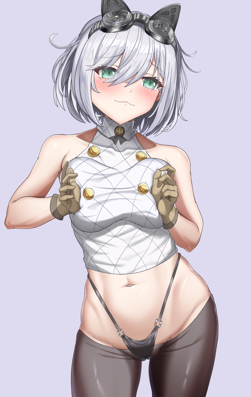 1girl :3 absurdres azur_lane bare_shoulders black_panties black_pantyhose blush breasts breasts_squeezed_together closed_mouth gloves goggles goggles_on_head green_eyes hands_up highleg highleg_panties highres large_breasts looking_at_viewer navel oleg_(azur_lane) panties pantyhose purple_background short_hair simple_background sleeveless solo stomach underwear white_hair xdl yellow_gloves