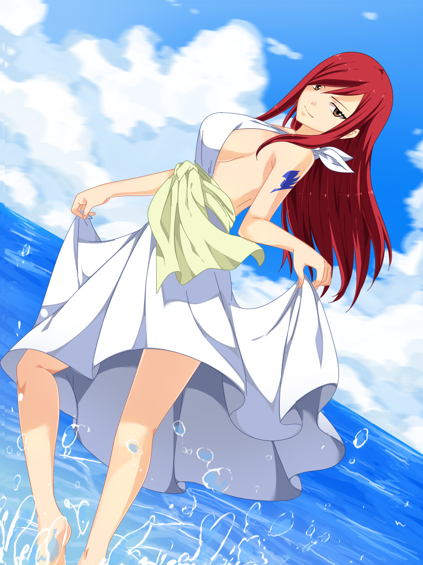 1girl absurdres arm_tattoo armpits arms_at_sides backless_dress backless_outfit barefoot beach breasts brown_eyes clenched_hands clothes_lift collarbone colorized curvy day dress dress_lift erza_scarlet eyelashes fairy_tail feet_up female_focus fingernails from_side hair_between_eyes half-closed_eyes highres holding holding_unworn_clothes holding_unworn_dress large_breasts legs light_rays long_hair looking_at_viewer mashima_hiro neck no_bra ocean outdoors planeptune recolor red_hair seductive_smile sexually_suggestive shiny_skin side_bangs sideboob sidelocks sky smile soles splashing standing straight_hair summer sundress sunlight tattoo thighs third-party_edit toenails toes turning_head water water_drop white_dress