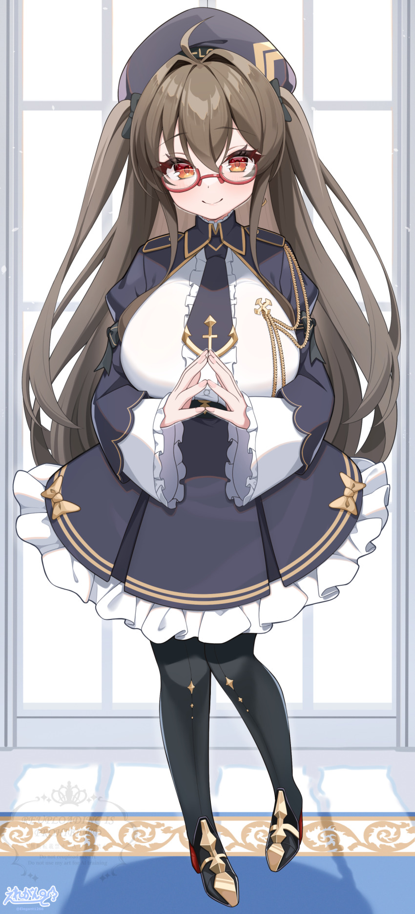 1girl absurdres ahoge azur_lane beret boots breasts brown_eyes brown_hair commentary_request commission elegant_(sumisumi4268) full_body hair_between_eyes hair_ornament hat highres large_breasts london_(azur_lane) long_hair looking_at_viewer necktie pantyhose signature skeb_commission smile standing window
