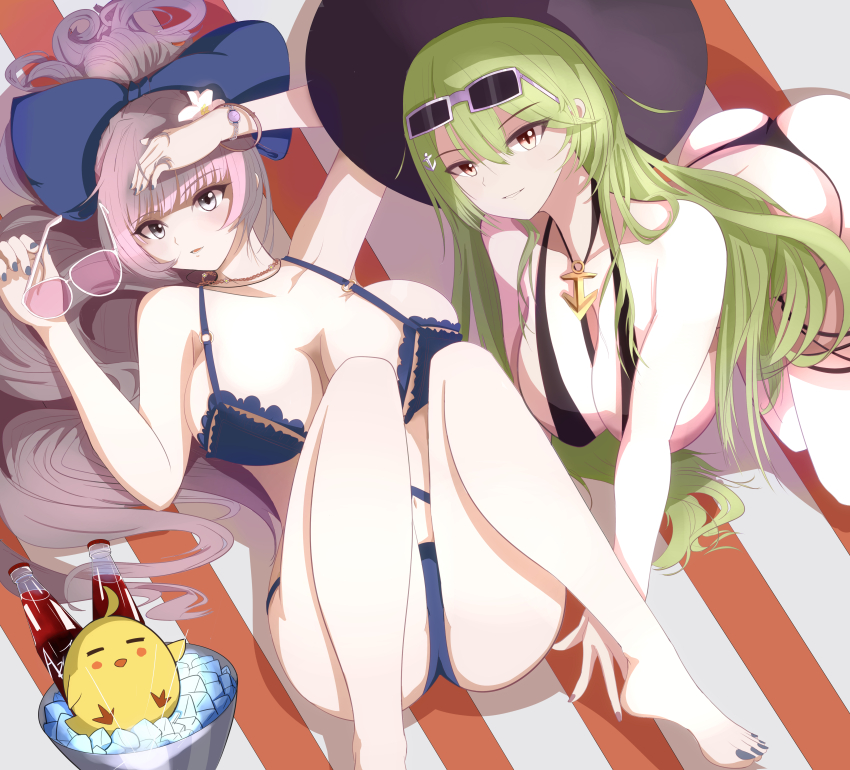 2girls absurdres all_fours ass azur_lane bikini black_bikini bow breasts eyewear_on_head foot_out_of_frame glass_bottle green_hair grey-framed_eyewear grey_eyes grey_hair hair_bow hair_spread_out hamachi8 hat highres ice ice_bucket ice_cube large_breasts linked_bikini littorio_(azur_lane) littorio_(the_glory_of_naples)_(azur_lane) long_hair looking_at_viewer lying manjuu_(azur_lane) monokini multiple_girls o-ring o-ring_swimsuit official_alternate_costume on_back pink-tinted_eyewear purple_bikini purple_bow rectangular_eyewear soda_bottle sun_hat swimsuit tinted_eyewear very_long_hair vittorio_veneto_(azur_lane) vittorio_veneto_(the_flower_of_la_spezia)_(azur_lane) white-framed_eyewear