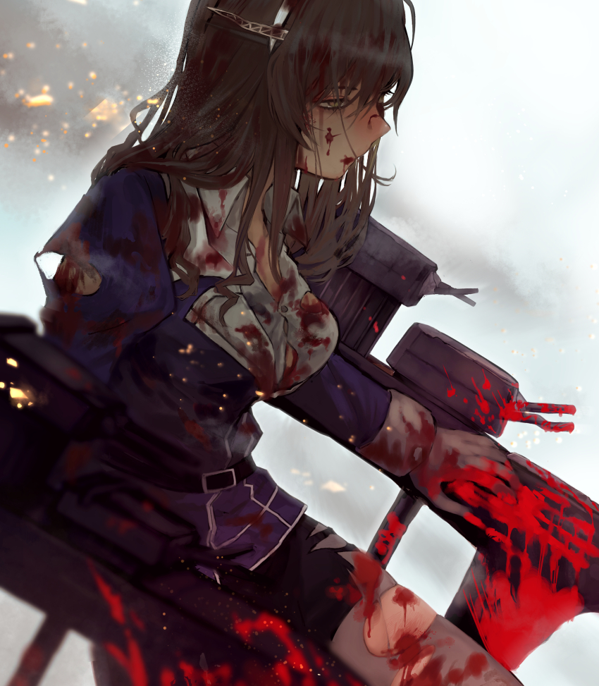 1girl absurdres ashigara_(kancolle) ashigara_kai_ni_(kancolle) blood blood_in_hair blood_on_clothes blood_on_hands blood_on_leg bloody_weapon breasts brown_eyes brown_hair fire gloves hagioshi hairband highres injury jacket kantai_collection long_hair long_sleeves pantyhose pencil_skirt purple_jacket rigging shirt skirt smoke solo torn_clothes torn_pantyhose torn_shirt wavy_hair weapon white_gloves white_hairband white_pantyhose white_shirt