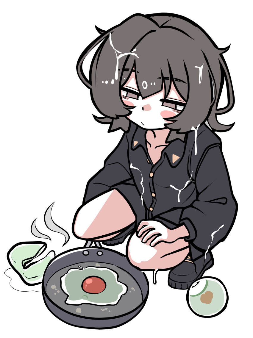 1girl absurdres black_hair black_shirt black_shoes blush buttons collarbone collared_shirt cooking egg egg_(food) food frying_pan full_body half-closed_eyes highres long_sleeves original shirt shoeguy shoes short_hair simple_background solo squatting suggestive_fluid white_background