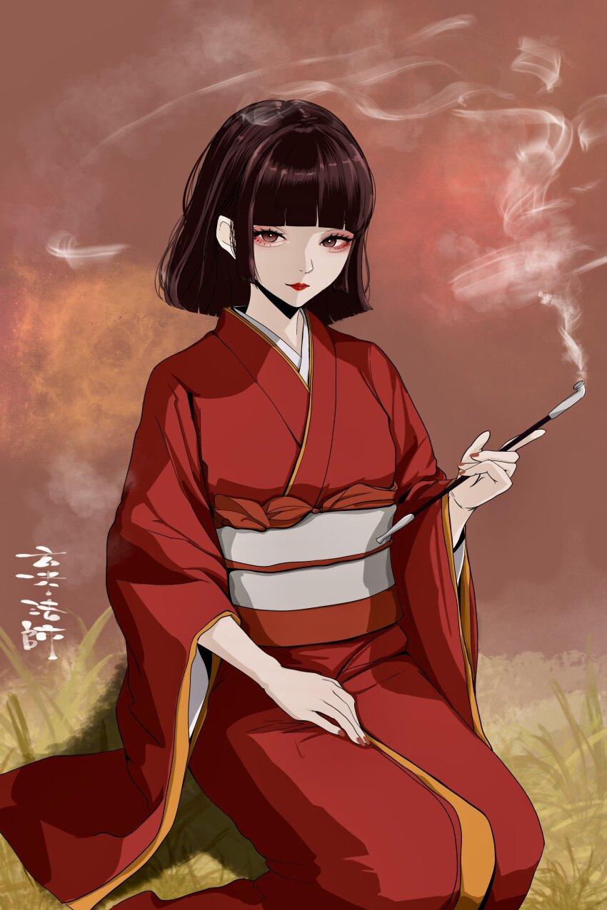 1girl absurdres black_hair genmaihoshi highres holding holding_smoking_pipe japanese_clothes kimono kiseru looking_at_viewer obi original red_kimono sash sitting smoke smoking smoking_pipe solo wide_sleeves