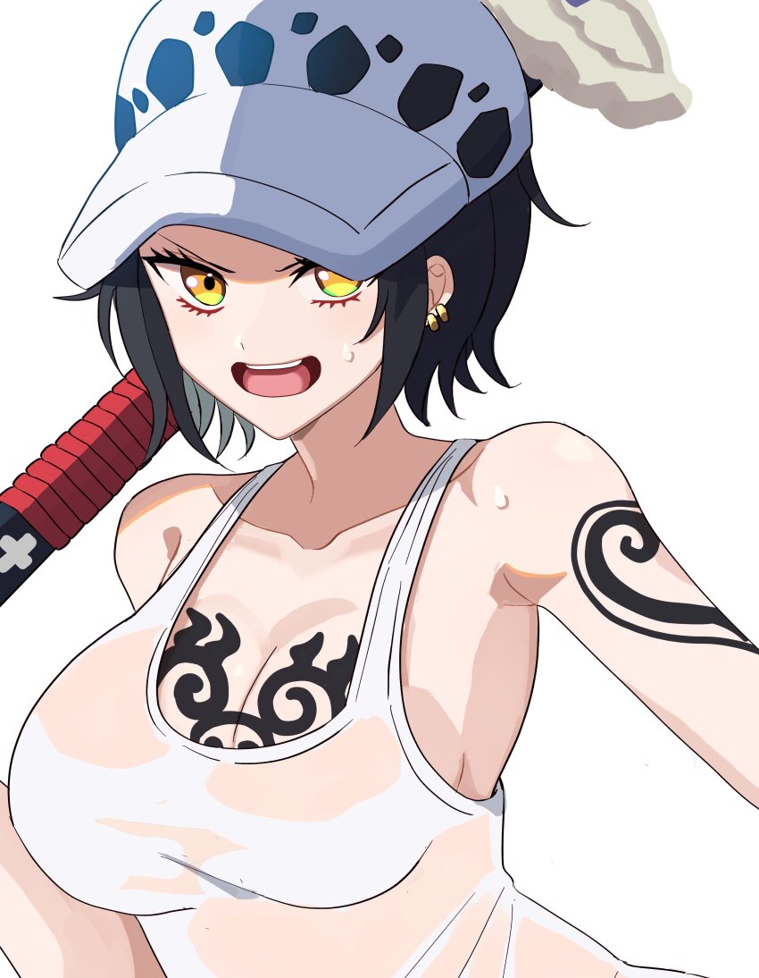 1girl absurdres arm_tattoo armpits bare_arms bare_shoulders black_hair breasts canon_genderswap chest_tattoo earrings fur_hat genderswap genderswap_(mtf) hat highres holding holding_sword holding_weapon leopard_print jewelry kasuga_kaya large_breasts looking_at_viewer one_piece open_mouth panther_print portrait shirt short_hair simple_background sleeveless sleeveless_shirt smile solo sweat sword tattoo teeth trafalgar_law trafalgar_law_(female) upper_teeth_only weapon white_background white_shirt yellow_eyes