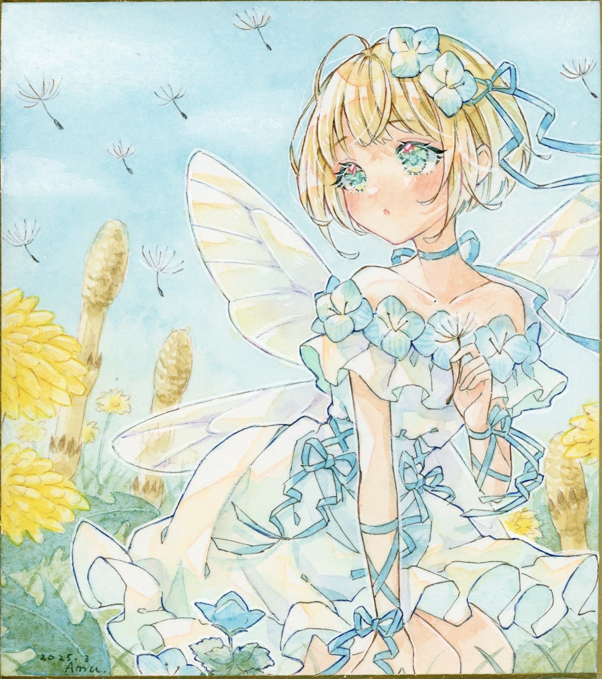 1girl amu_(m_aa) arm_ribbon blonde_hair blue_dress blue_flower blue_ribbon blue_sky choker collarbone commentary_request dandelion_seed dated day dress fairy fairy_wings flower green_eyes hair_flower hair_ornament hair_ribbon highres kneeling off-shoulder_dress off_shoulder original outdoors painting_(medium) parted_lips ribbon ribbon_choker shikishi short_hair signature sky sleeveless sleeveless_dress solo traditional_media watercolor_(medium) wings