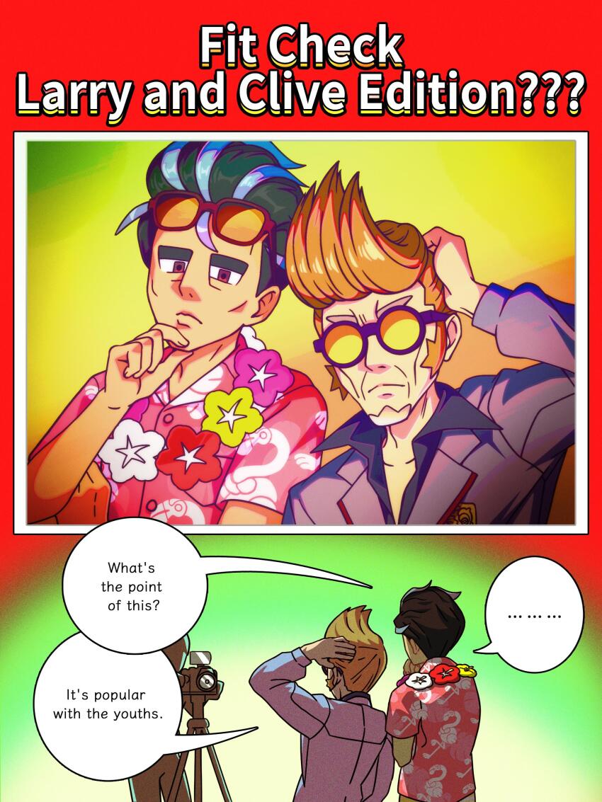 3boys absurdres alternate_language black_hair brown_eyes camera character_name clavell_(pokemon) clive_(pokemon) closed_mouth collared_shirt commentary english_commentary facial_hair flipped_hair flower_wreath hand_on_own_chin hand_up highres jacket larry_(pokemon) larry_(special_costume)_(pokemon) male_focus multiple_boys nintendo official_alternate_costume official_art pink_shirt pokemon pokemon_masters_ex pokemon_sv shirt speech_bubble sunglasses tinted_eyewear yellow-tinted_eyewear