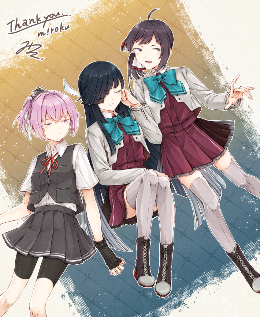 3girls absurdres bike_shorts bike_shorts_under_skirt black_gloves black_hair blue_bow blue_bowtie boots bow bowtie closed_eyes collared_shirt commission fingerless_gloves fujinami_(kancolle) fujinami_kai_ni_(kancolle) gloves grey_thighhighs hair_over_one_eye hair_ribbon hayashimo_(kancolle) hayashimo_kai_ni_(kancolle) highres jacket kantai_collection lace-up_boots long_hair miroku_san-ju multiple_girls neck_ribbon pink_hair pixiv_commission purple_hair ribbon school_uniform shiranui_(kancolle) shiranui_kai_ni_(kancolle) shirt side_ponytail simple_background skirt thighhighs vest white_shirt
