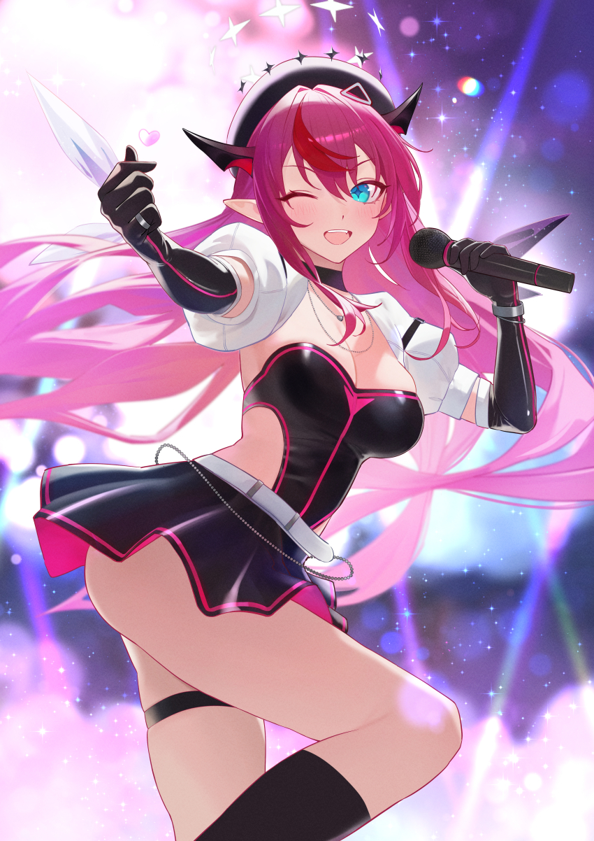 1girl ;d absurdres ass beret black_gloves blue_eyes blurry blurry_background breasts commentary double_halo elbow_gloves english_commentary finger_heart gloves halo hat highres holding holding_microphone hololive hololive_english horns irys_(hololive) long_hair microphone official_alternate_costume one_eye_closed open_mouth pointy_ears purple_hair serelith skindentation smile solo star-shaped_pupils star_(symbol) star_halo symbol-shaped_pupils teeth thigh_strap upper_teeth_only very_long_hair virtual_youtuber
