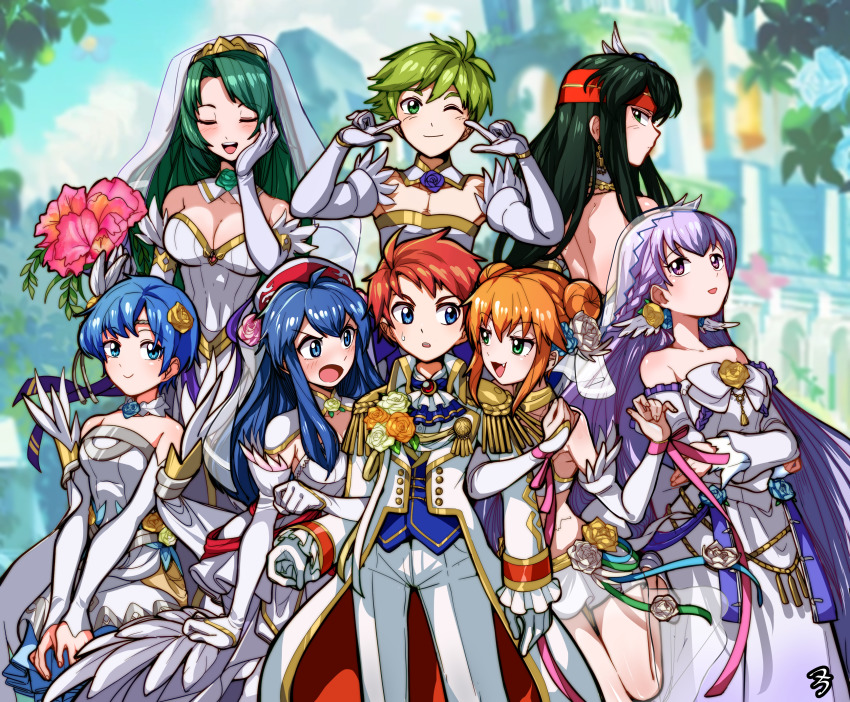 2boys 6+girls absurdres alternate_costume annoyed back blue_eyes blue_hair blurry blurry_background bouquet breasts bridal_veil cecilia_(bridal)_(fire_emblem) cecilia_(fire_emblem) cleavage closed_eyes detached_collar detached_sleeves double_bun double_v dress elbow_gloves fire_emblem fire_emblem:_the_binding_blade fire_emblem_heroes flower frills gloves green_eyes green_hair hair_bun headband highres larum_(bridal)_(fire_emblem) larum_(fire_emblem) lilina_(bridal)_(fire_emblem) lilina_(fire_emblem) long_hair looking_back medium_breasts multiple_boys multiple_girls nintendo official_alternate_costume orange_hair pants purple_eyes purple_hair red_hair red_headband roy_(fire_emblem) roy_(groom)_(fire_emblem) sbql_(niaunclefan) shanna_(bridal)_(fire_emblem) shanna_(fire_emblem) short_hair sleeveless sleeveless_dress smile smug sophia_(bridal)_(fire_emblem) sophia_(fire_emblem) strapless strapless_dress sue_(fire_emblem) tuxedo v v-shaped_eyebrows veil very_long_hair wedding_dress white_dress white_gloves white_pants wolt_(fire_emblem)